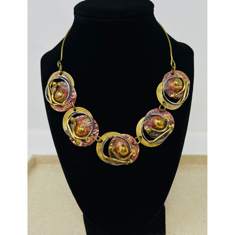 Vintage Brutalist Mixed Metal Collar Necklace Copper Brass Silver Tone Abstract